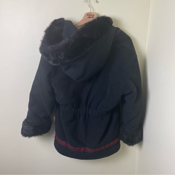 Rothschild Faux Fur Cuff & Hood Fair Isle Black Coat SZ Medium - Picture 9 of 16